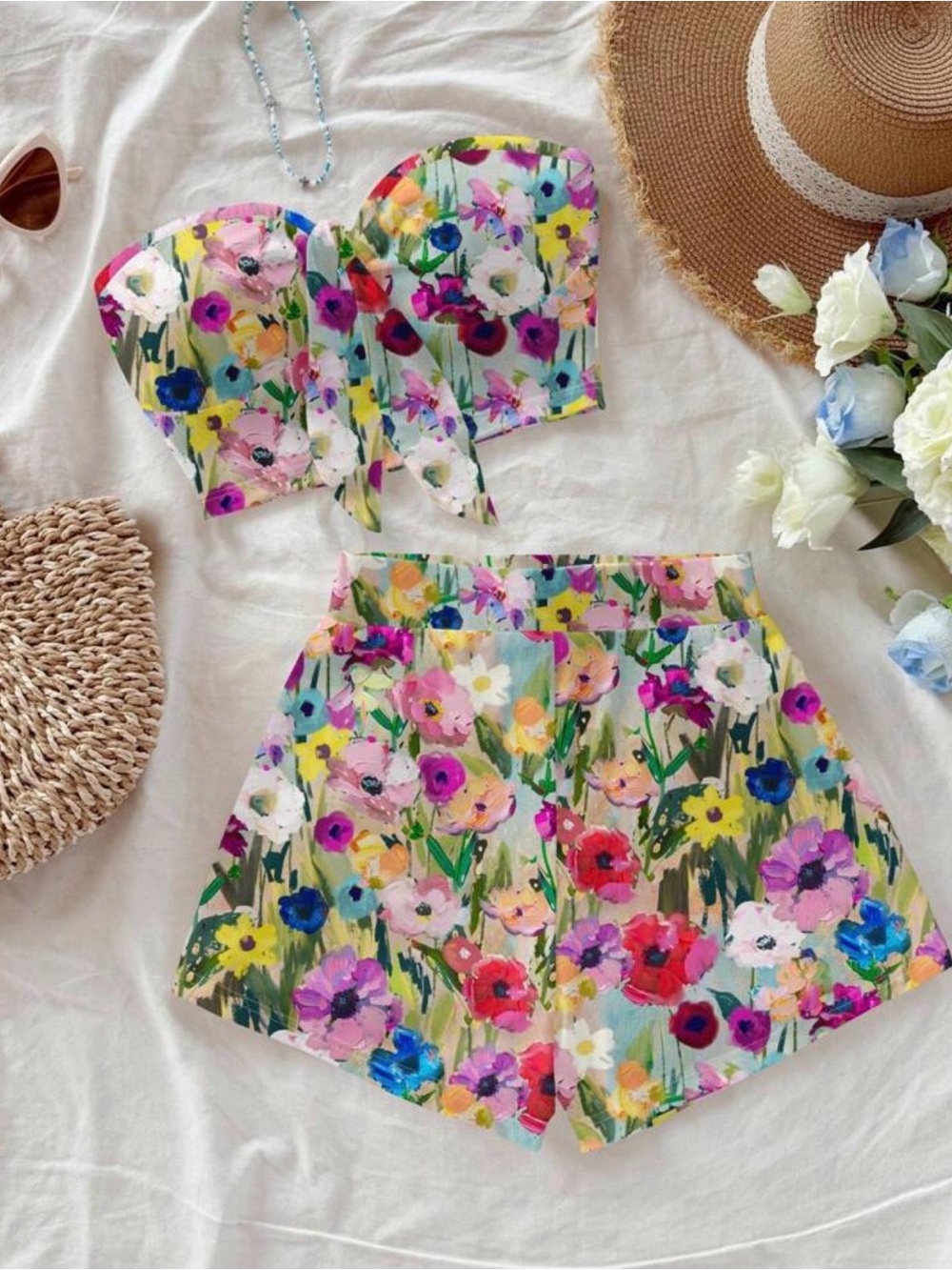 SHEIN Floral Multicolor Strapless Romper Set - Pink Blue Yellow Green - Picture 2 of 5
